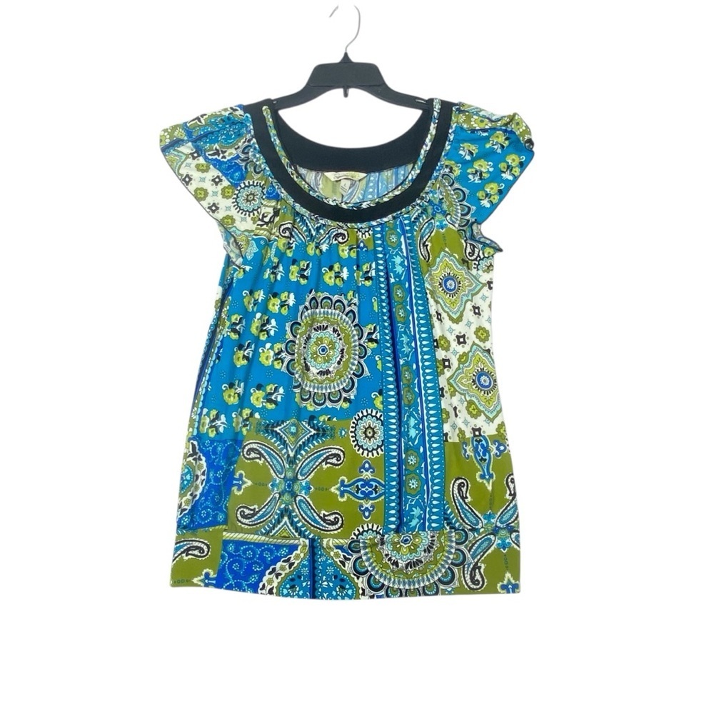 Speechless Paisley Medallion Blouse Womens L Blue Green Short Sleeve Peasant Top